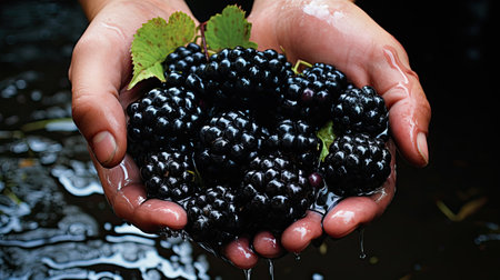 Blackberries in the hands of a woman. Selective focus.の素材