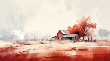 Watercolor red barn in the middle of a rural landscape.の素材