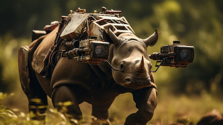 Rhinoceros hunter with a gun and a camera in his handの素材