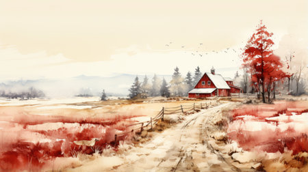 Winter landscape with a red barn in the foreground.の素材