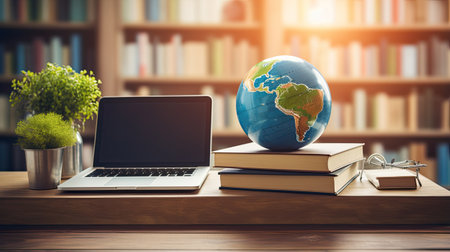 Laptop and books on table in library. Education concept.の素材