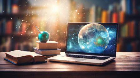 Globe and books on a desk against bookshelf in libraryの素材