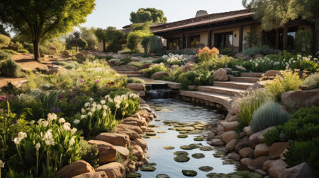 Beautiful landscaped garden with pond and house.の素材