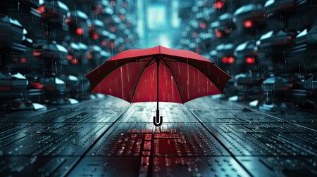 Cyber security concept with red umbrella on server room backgroundの素材