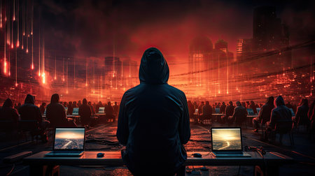 Man in hoodie with laptop on background of night city. Back viewの素材