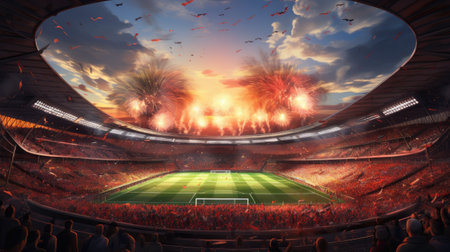 a large football stadium with fans at sunset.の素材