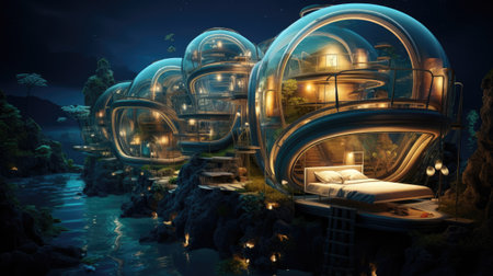 Fantasy landscape with floating house in the sea.の素材
