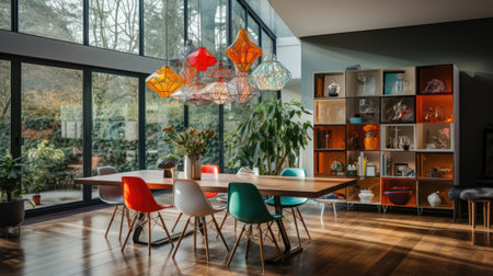 Interior of modern dining room with wooden table and orange chairs.の素材