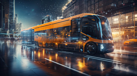 Bus on the road in the city at night.の素材