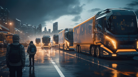 Traffic on the road at night in the city. Transportation concept.の素材