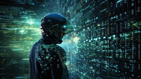 Rear view of man in helmet against binary code on black backgroundの素材