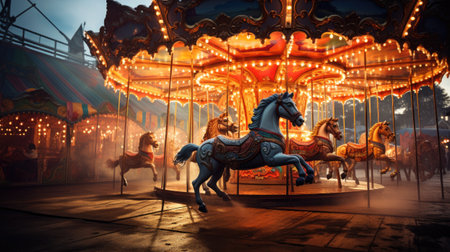 Carousel with horses at the amusement park. Children's entertainment.の素材