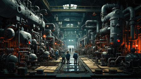 Industrial zone, Steel pipelines, valves and cables in blue tonesの素材