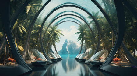 a futuristic landscape with palm trees and a seaの素材