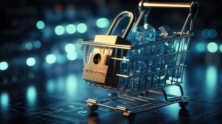 Cyber security concept. Padlock in shopping cart.の素材