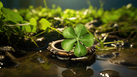 Gold ring with four-leaf clover in water. St. Patrick's Day concept.の素材