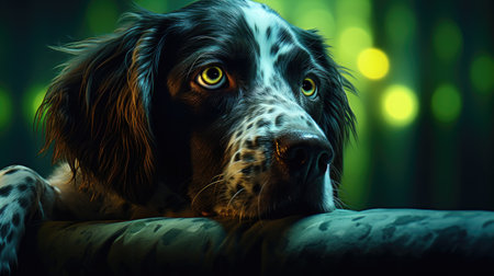 English Springer Spaniel dog portrait on green background with bokehの素材