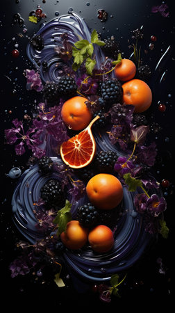 Fruits and berries on a dark background. Black and orange.の素材