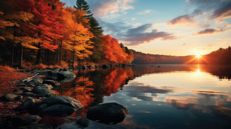 Beautiful autumn landscape with lake and forest at sunset. Nature composition.の素材