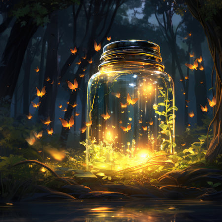 a glass jar in the forest with butterflies flying aroundの素材