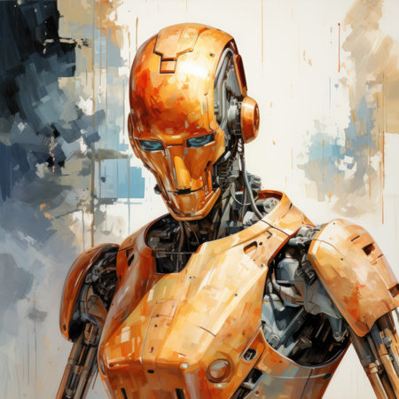a female robot in an orange suit against a grunge backgroundの素材
