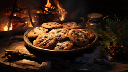 Chocolate chip cookies in a plate on a wooden table near the fireplaceの素材