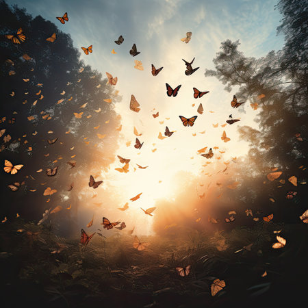 Fantasy image of butterflies flying in the sky.の素材