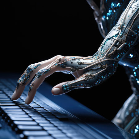 Cyborg hand typing on laptop keyboard on dark background.の素材