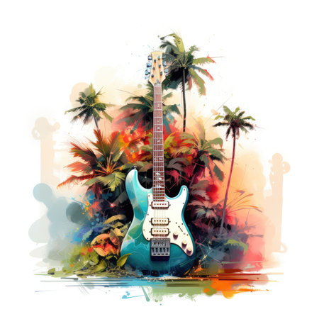 Guitar on the background of tropical palm trees.の素材