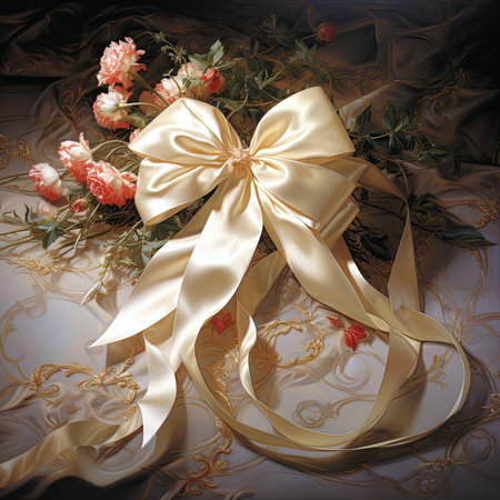 golden bow on a silk background with a bouquet of rosesの素材