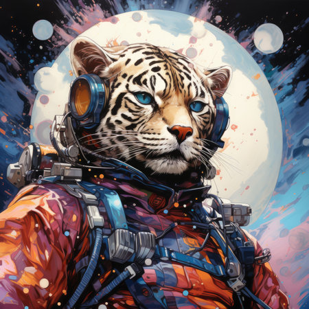 Portrait of a tiger in astronaut suit on space background.の素材