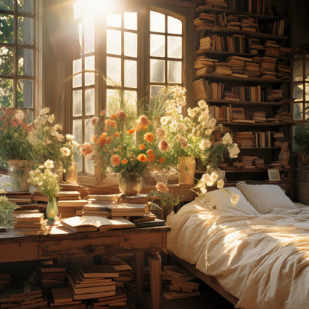 Vintage interior with bookshelves, books and flowers in sunlightの素材