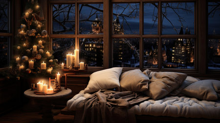 Comfortable bed with pillows and blanket near the window at nightの素材