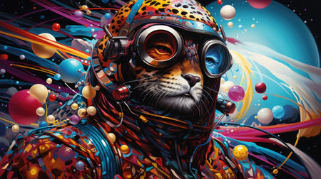 Fantasy illustration of a tiger in a space suit and helmet.の素材