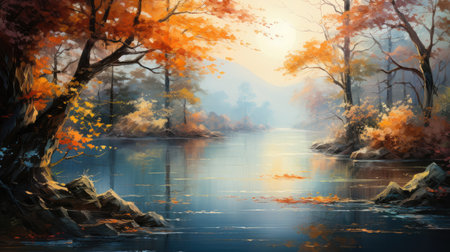 Beautiful autumn landscape with river and forest.の素材