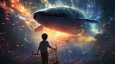 Cute kid boy looking at big whale in space.の素材