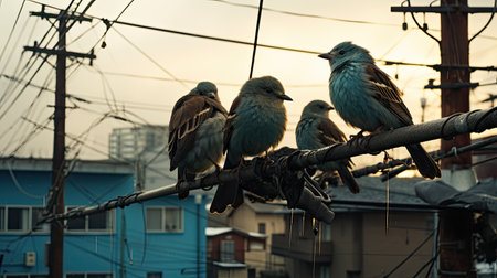 Group of birds sitting on the electric wire in the city at sunsetの素材