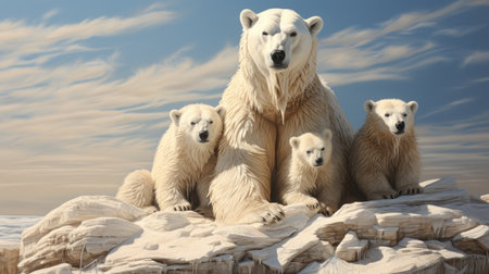 Three polar bears sitting on the rock.の素材