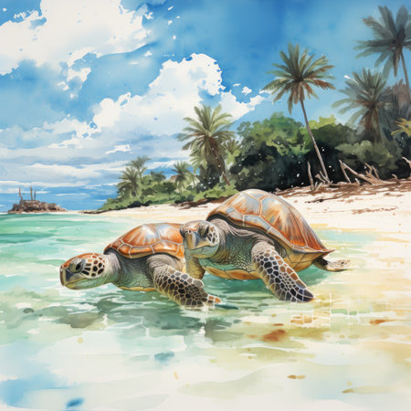 Watercolor turtle on the beach in the tropicsの素材