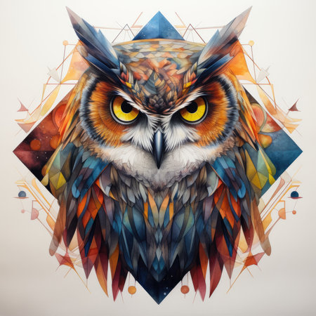 Owl with colorful geometric background.の素材