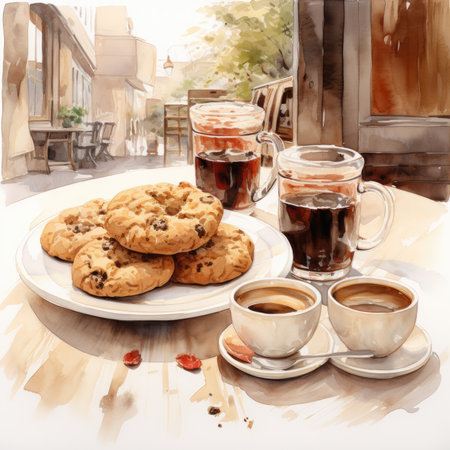 Watercolor cup of coffee and cookies on a table in a cafeの素材