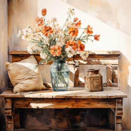 Vase with a bouquet of orange flowers on a wooden tableの素材