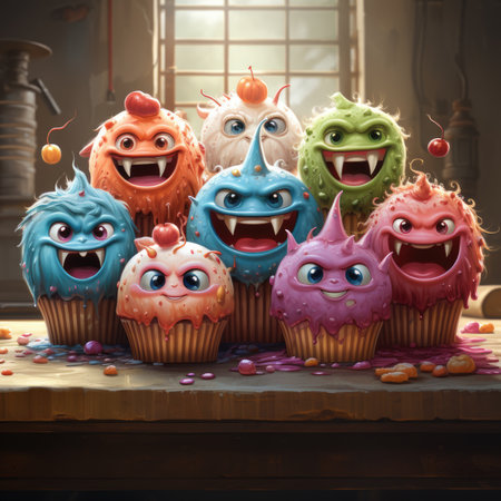 Funny Halloween cupcakes with funny monsters. Halloween party concept.の素材