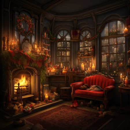 Interior of an old house with fireplace and christmas decorations.の素材