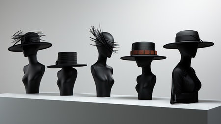 Black mannequins with hats on a gray background.の素材
