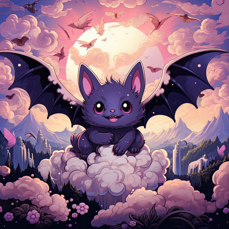 Cute cartoon vampire bat sitting on a cloud. .の素材