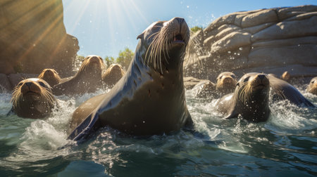 Sea lions swimming in the water.の素材