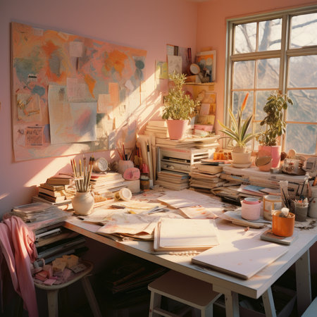 Interior of an artist's studio with a lot of work on itの素材