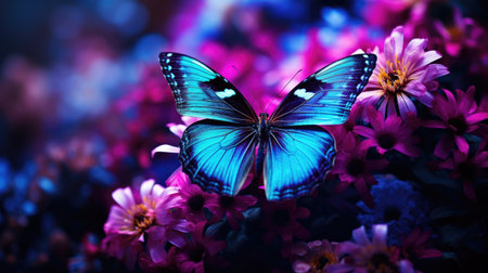 Beautiful butterfly on colorful flowers background. Colorful flowers background.の素材