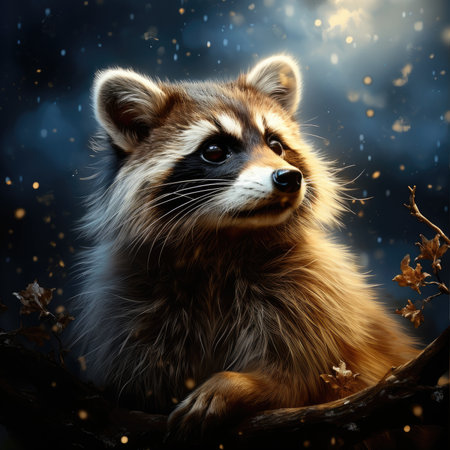 Portrait of a raccoon on a background of a dark forest.の素材